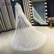 3 метра Белый слоновой кости Соборные Свадебные вуали длинный кайма из кружева, свадебная фата вуаль Цветы Свадебные аксессуары невесты Мантилья свадебная вуаль