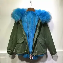 Небесно-голубое пальто с лисьим мехом Зимняя Толстая теплая меховая внутренняя куртка женская куртка 2017