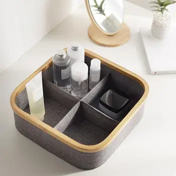 

Desktop Storage Box Cosmetics Organizer Wooden Multi-functional Stationery Storage Basket Fabric