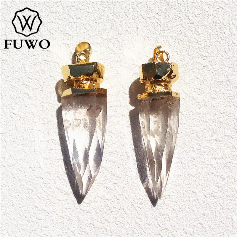 

FUWO Natural Crystal Quartz Spike Pendant Multi Faceted With 24K Gold Electroplated Pendulum Gem stone Jewelry Wholesale PD085
