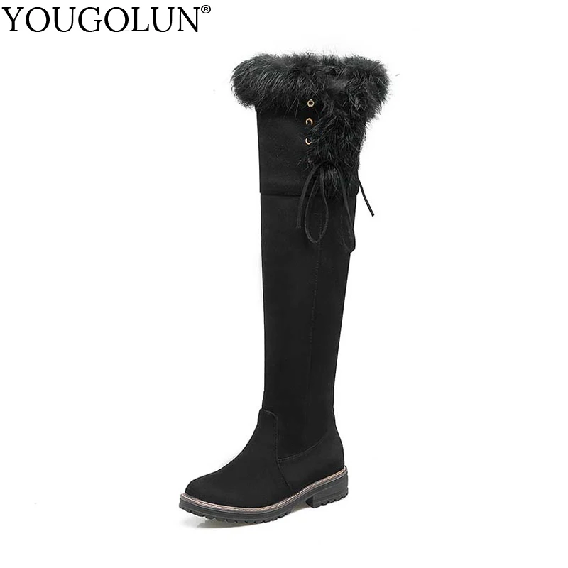 

YOUGOLUN Women Snow Boots 2017 Winter Square Heel 3.5 cm Low Heels Warm Fur Long Plush Black Lace-up Thigh High Boots #Y-234