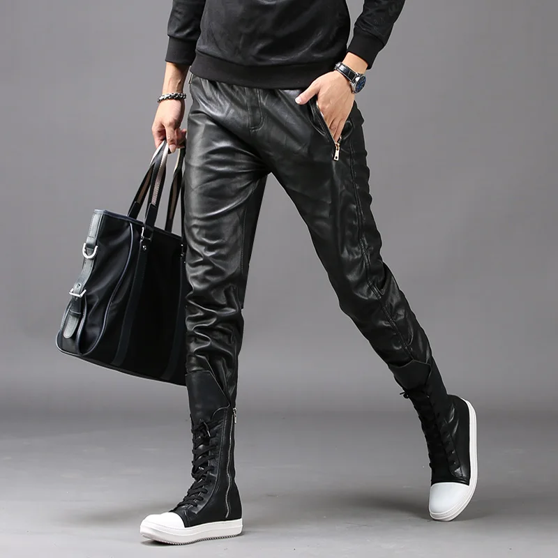 New Autumn Winter Men Fashion PU Leather Pants Mens Faux Leather Loose