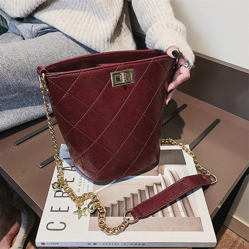 

Fashion PU Leather Diamond Lattice Women Shoulder Bags 2019 Female Casual Vintage Hasp Bucket Bags Messenger Bags Handbags