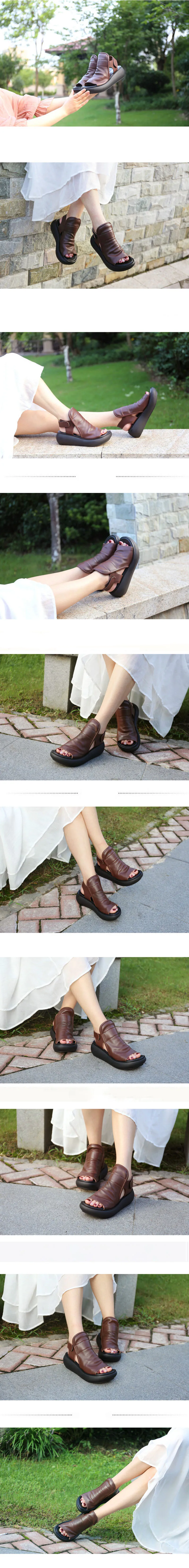 Летние коньки на рифленой подошве в британском стиле повседневная кожаная обувь на высоком каблуке винтажные женские сандалии с ремешками из воловьей кожи