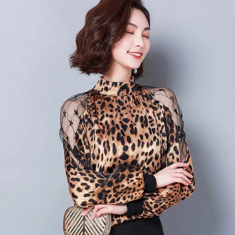  Fashion womens tops and blouses sexy lace off shoulder top Leopard print chiffon blouse shirt long 