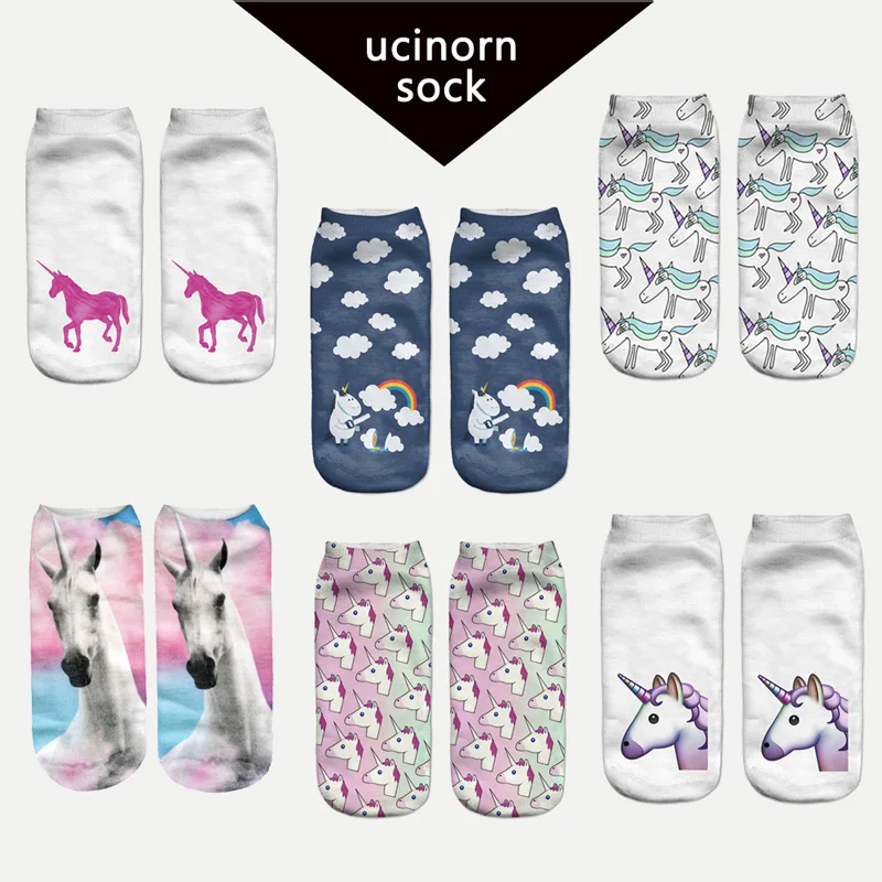 2016 Harajuku Emoji Unicorn Print 3D Socks Women Kawaii Ankle Licorne Chaussette Femme Calcetines Mujer Cute Art Socks s273