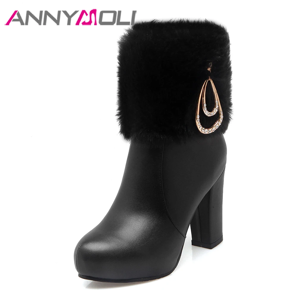 

ANNYMOLI Winter Platform High Heel Boots Fur Warm Fashion Rhinestone Mid Calf Boots Zipper Black Heels Ladies Shoes Pink White