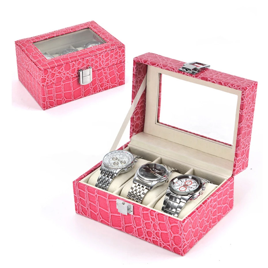 

Women Watch Box 3 Slots Quality Pink Stripe Leather Display Case Box Jewelry Collection Storage Organizer Wristwatch Box Holder