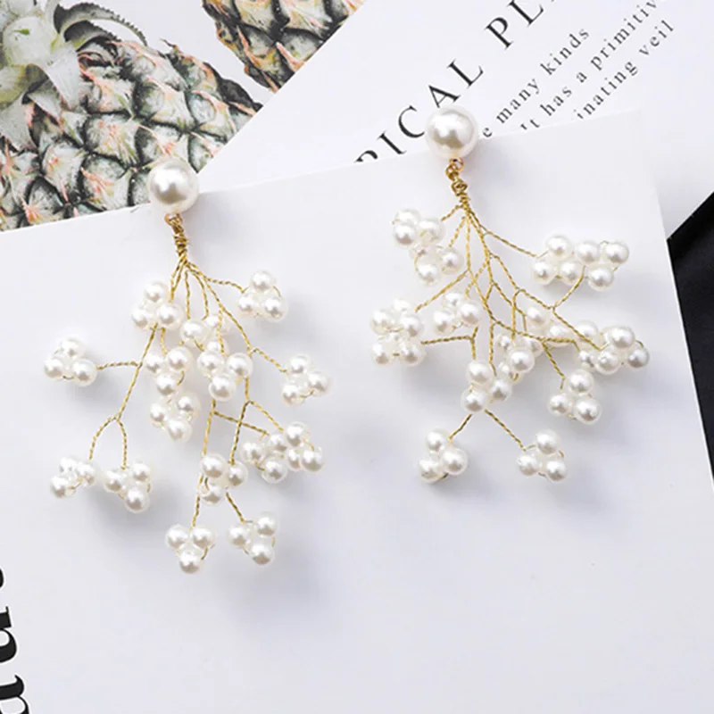 Latest Design Minimalism Gold Color Long Branches Pearls Drop Earrings For Women Ladies Chic Blossom Pearl Flower Dangle Earring