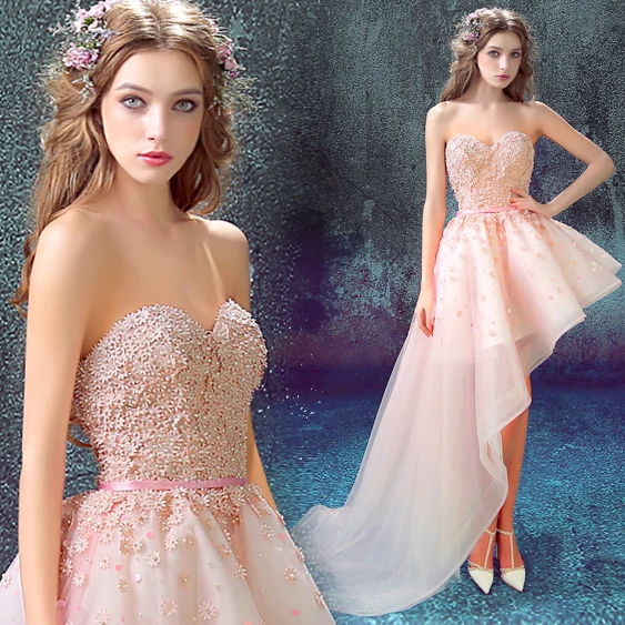 

QUEEN BRIDAL Evening Dresses High Low Pink Lace Flowers Short Elegant Party Prom Dress Evening Gowns 2018 Vestido De Festa JW78