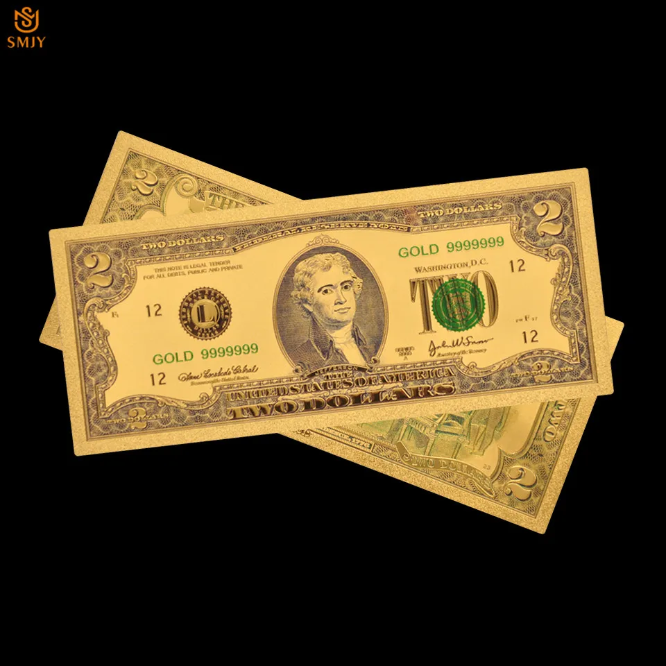Банкноты US Gold 999 24K бумажные фальшивые монеты на 2 доллара позолоченные банкноты