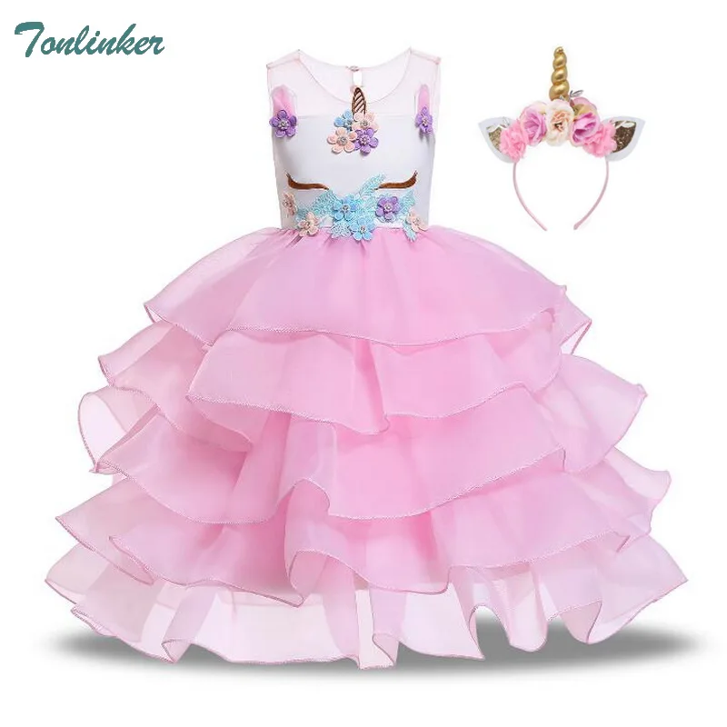 Girls Unicorn Flowers Cake Tutu Dresses With Beadbad for Kids Princess Fancy Birthday Theme Party Costumes 1-10 Years Pink Blue