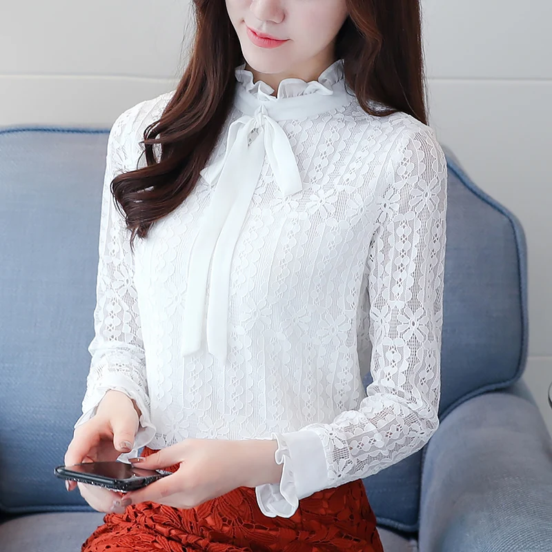 

Fashion Lace Up Hollow Out Blouse Shirt front Bow Tie Sleeve Round Neck Blusas Autumn winter Streetwear Women Blouses 608i