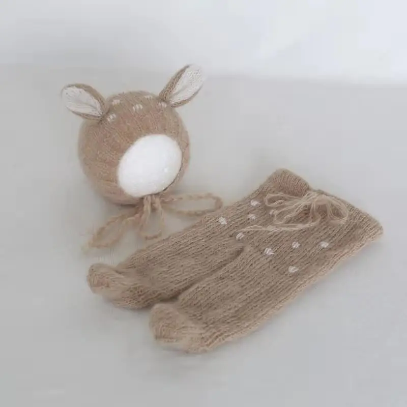 

Newborn Christmas Clothes Knitted Baby Footed Romper Set Cute Animal Hat Photo Props Knitted Newborn Fawn Outfit Deer Hat