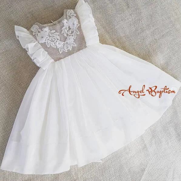 

Fashion baby christening dress girl first communion gown gorgeous infant baptism dresses tied bow with flowers crystals lace