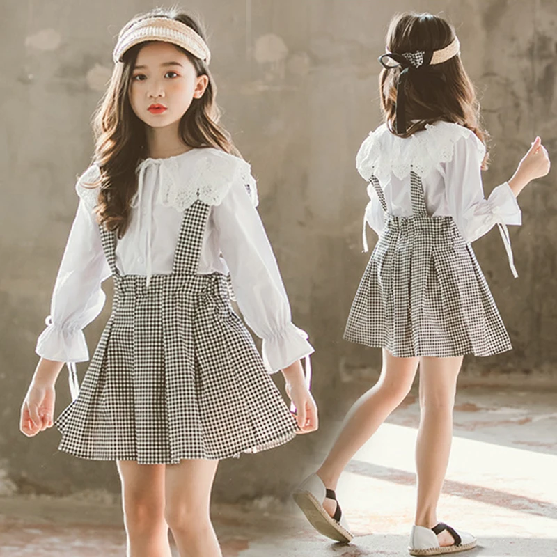 

New Girls Clothing Sets 2020 Summer New Fashion White Blouses Shirts Tops + Plaid Skirts 2pcs Kids Clothing Sets 10 12 14 Years
