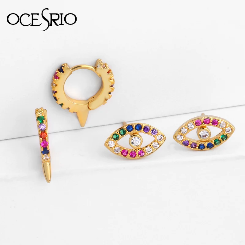 

OCESRIO fashion 2019 zircon gold 585 earrings golden colorful rainbow stone crystal evil eye earrings wedding jewelry ers-q18