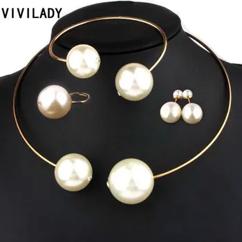

VIVILADY Fashion Jewelry Sets Huge Imitation Pearl Rhinestone Necklace Bangle Earrings Rings Statement Women Vogue Wedding Gifts