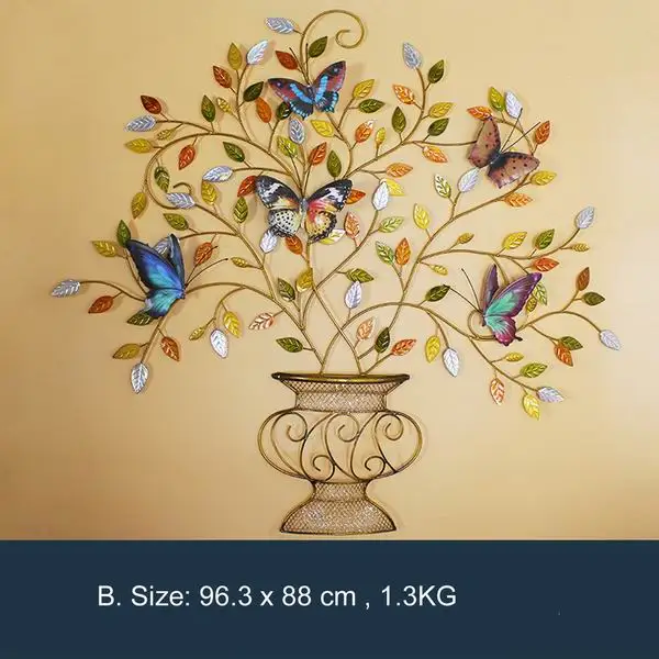 Декоративные металлические стены искусства, ваза с художественным железным деревом и бабочкой гостиной Висячие украшения дома подарки - Цвет: B