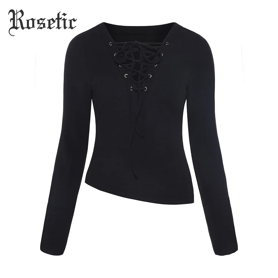 Rosetic Fashion Sexy Lace-Up  Knitted Fabric Long Sleeve 2019 Autumn Women Bandage Bow Asymmetrical Gothic Outerwear Sweater