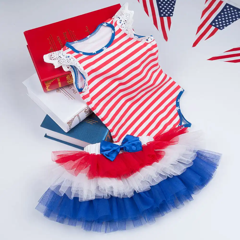 Baby Girl Fourth of July American Flag Tube Top Skirt Headband Clothes Set Independence Day