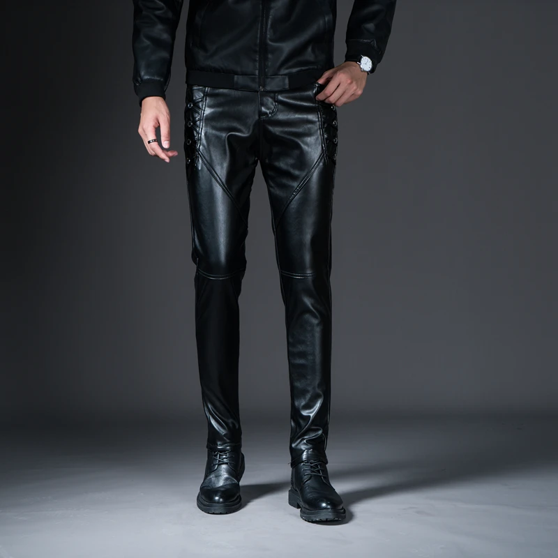 Новые зимние мужские обтягивающие байкерские кожаные брюки модные мотоциклетные брюки из искусственной кожи для мужчин, Клубная одежда для сцены