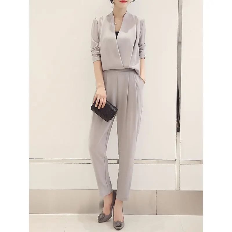 

Elegant Korean Style Women Suit Office Lady OL V Neck Blouse Plain Pants Summer 2019 Autumn Solid Female Sets