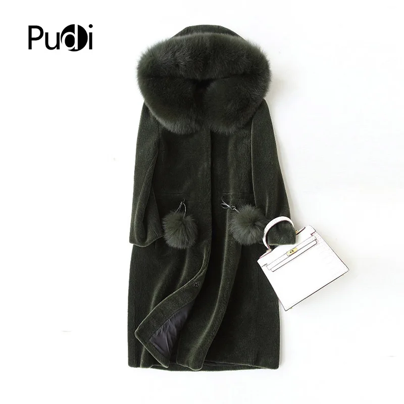 

PUDI A17009 women's winter warm genuine fox fur hood winter warm coat Real wool Long coat jacket overcoat