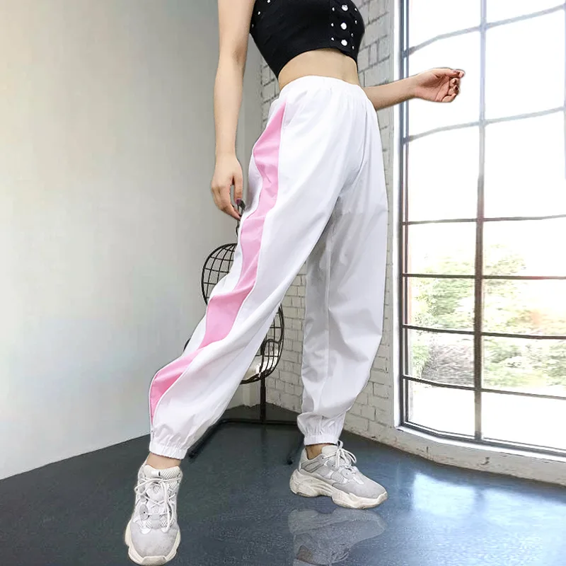 

Patchwork Side Pink Striped Zipper Fashion High Waist Jogger Pant Women Workout Fitness Streetwear Windbreaker Trouser Casual