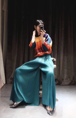 

HOT SELLING Miyake fashion summer mid waist solid long wide leg pants full length pants IN STOCK
