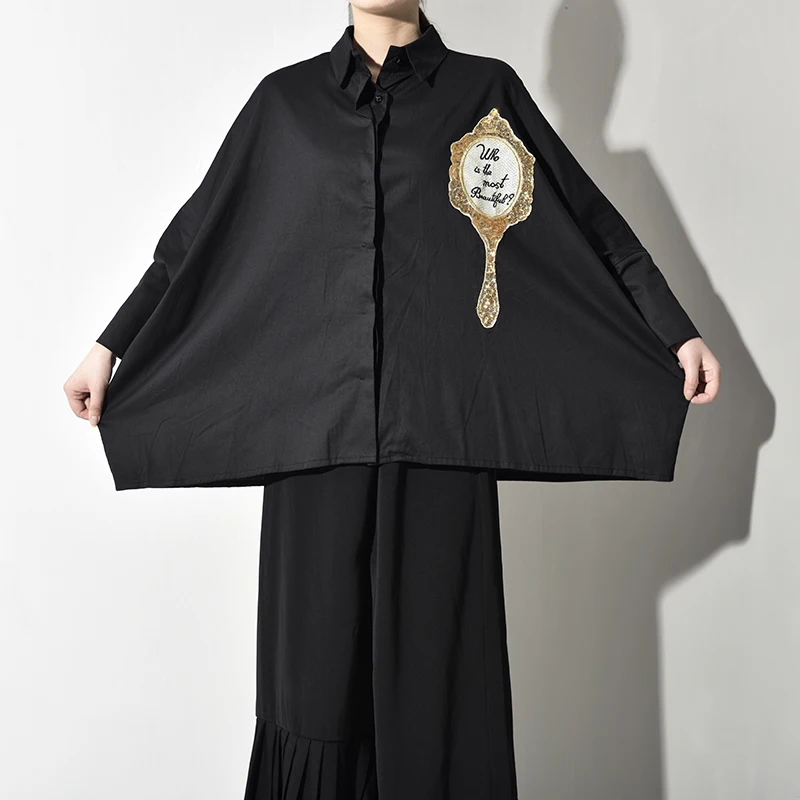 [EAM] Женская черная блузка большого размера с принтом и блестками, новая свободная рубашка с отворотом и длинным рукавом, модная весенняя Осенняя T3840