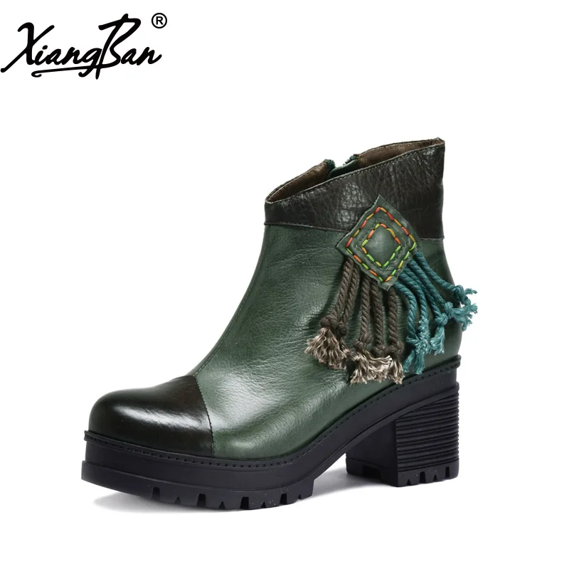 

Xiangban Handmade Women Platform Boots Genuine Leather High heel Ankle Boots Fringed Green W303-6