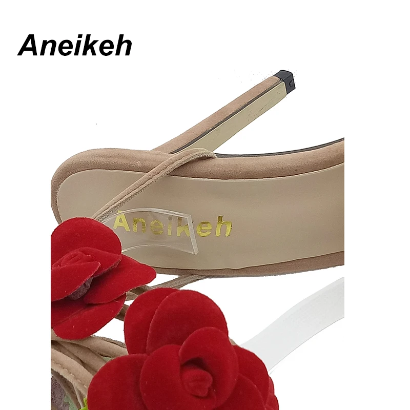 Aneikeh Red Flower Women Shoes Lace Up Summer High Heels Shoes Wedding Party Women Pumps Zapatos Mujer Size 4~9 D-558-10#