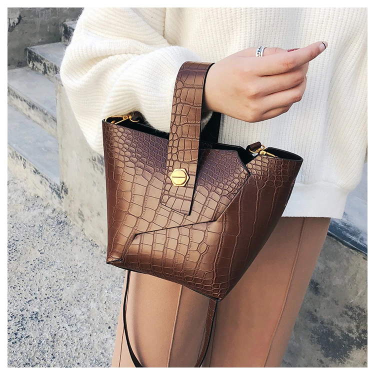 Vintage Tote Bucket bag PU Leather Handbag Alligator Pattern Shoulder Bag