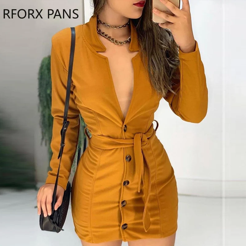 

Long Sleeve Plunge Buttoned Bodycon Dress