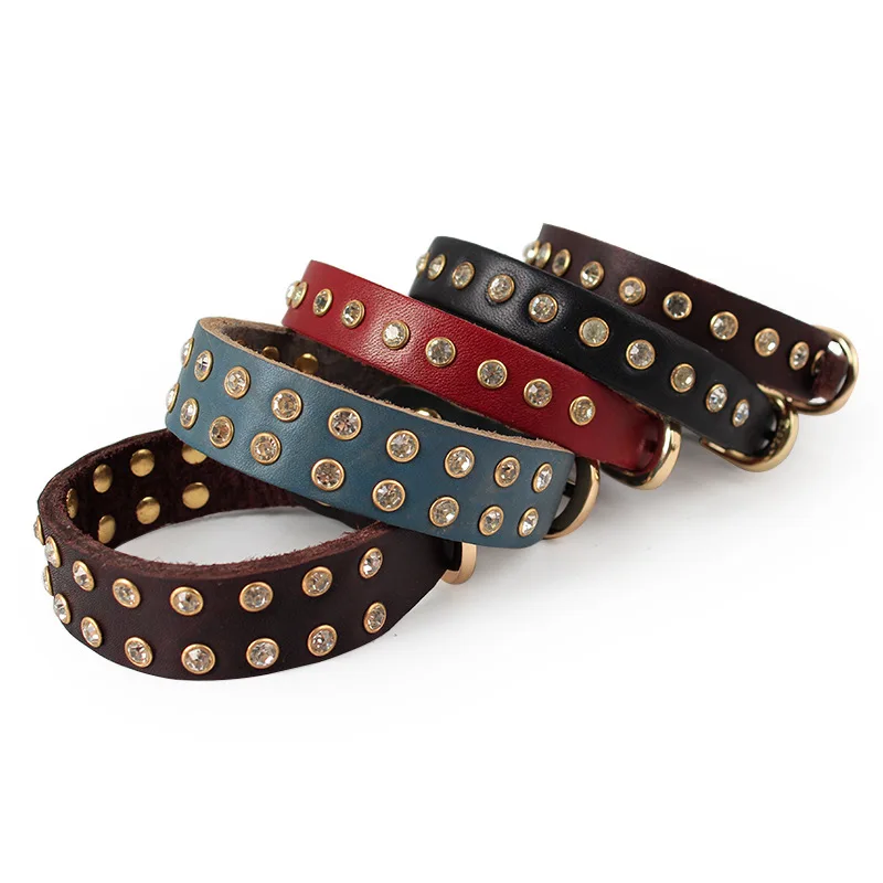

Small Dog Collar Real Leather Cat Puppy Collars Rhinestone dog Neck Strap pet collar with Strong Copper Buckle
