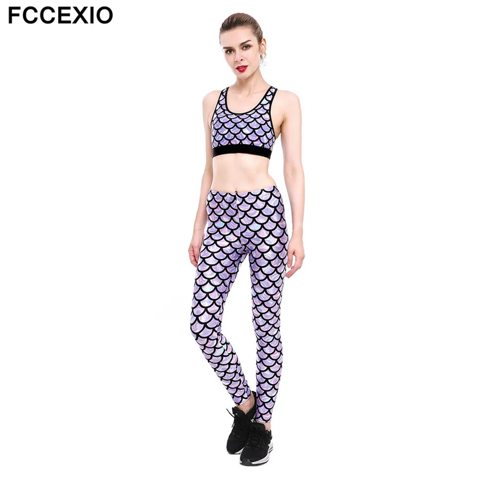 

FCCEXIO New 2019 Women's Work Out Suits Fish Scales Print Sexy Push Up Leggings Two Piece Set Fitness Clothing Tank Top Suits