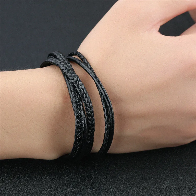 Jiayiqi, Модный черный плетеный кожаный браслет, браслет из нержавеющей стали, браслеты для мужчин, ювелирные изделия, панк-веревка, цепочка, браслет, подарок