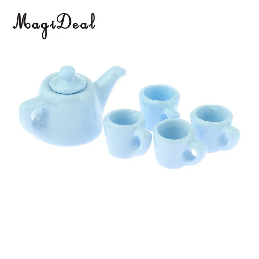 5 Pieces 1/12 Dollhouse Miniatures Dining Ware Porcelain Tea Cup Set Kitchen Accessory Blue