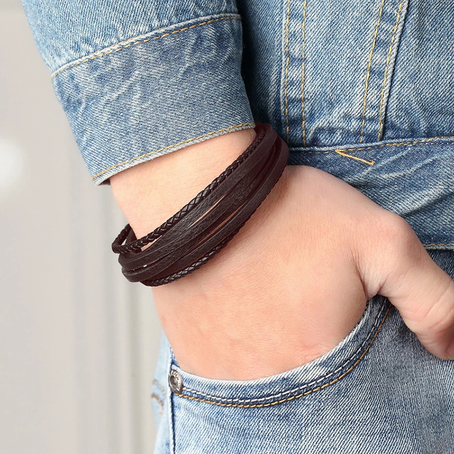 Cool Men Bracelet Stainless Steel Magnet Clasp Braid Real Leather Rope  Sport Style Chain Women Jewelry Dress Gift (18)