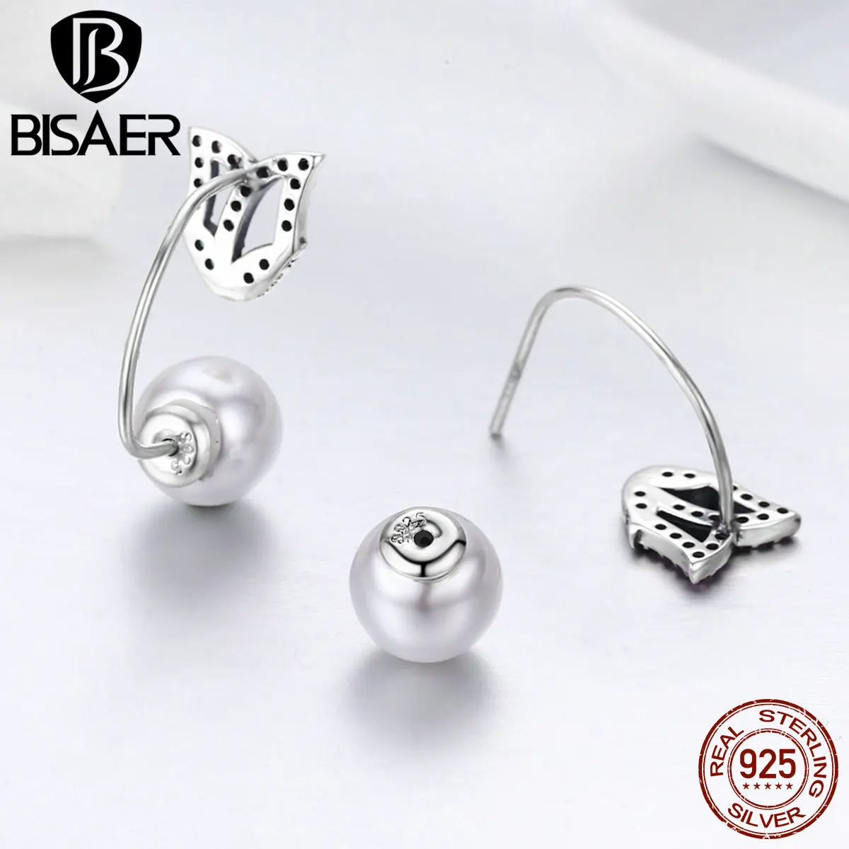 

100% 925 Sterling Silver Pink Crystal Flower Petals White Big Ball Freshwater Pearl Drop Earrings for Women Girl Jewelry