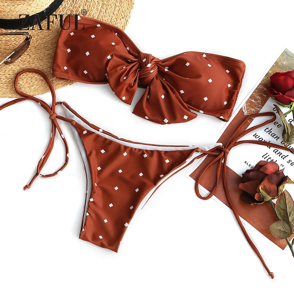  ZAFUL Bikini Self-tie Dotted Bandeau Bikini Set Women Swimsuit Sexy Low Waisted Swimwear Print Stra