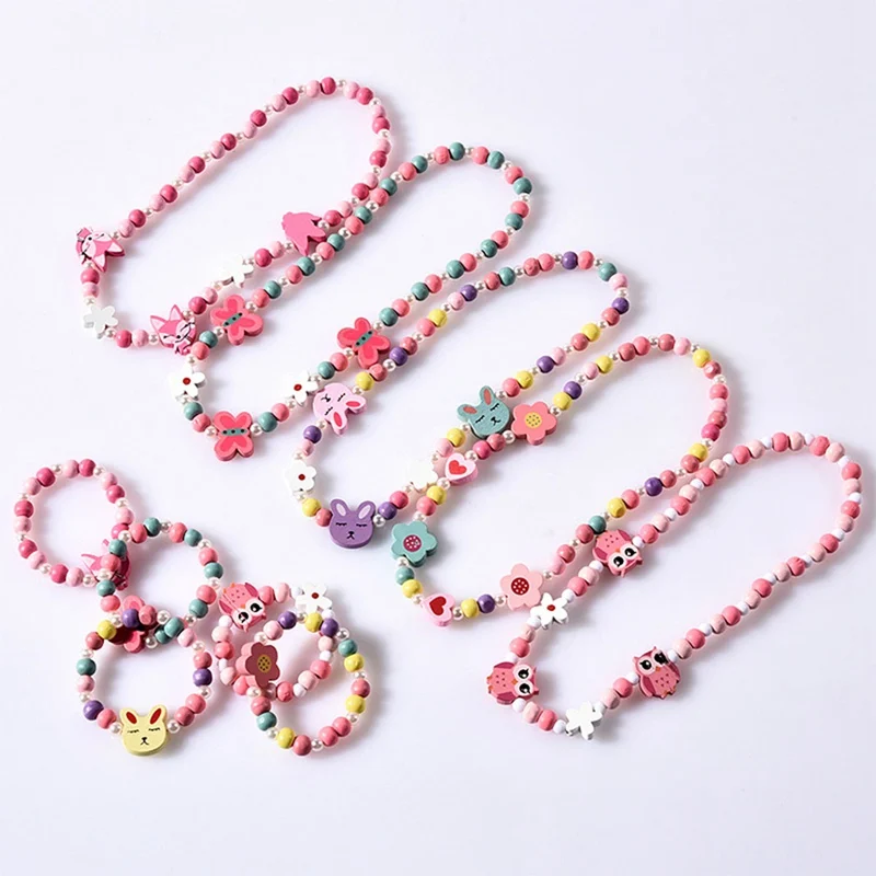 

Cartoon Rabbit Animal Flower Wood Beads Girls Jewelry Set Kids Children Girls Necklace Bracelet Set Birthday Party Jewelry Gift