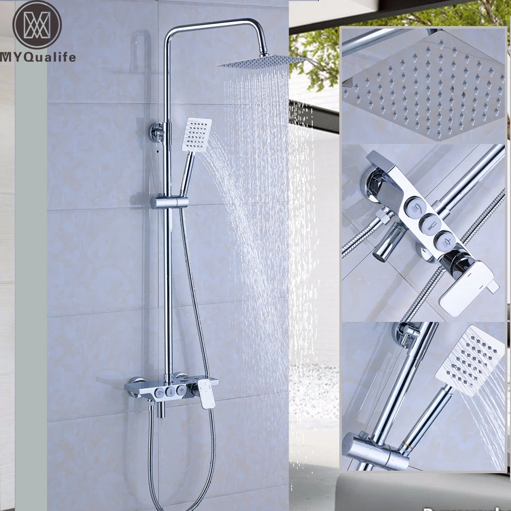 Luxury Wall Mounted Rain Shower Faucets Kit Square Stainless Steel Top