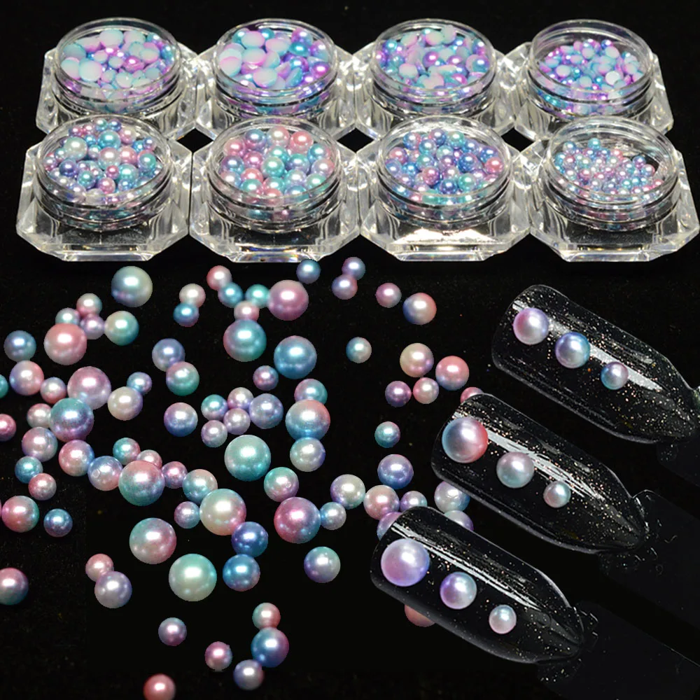 

1 box Fashion 3D Nail Art Decorations Mermaid Effect Gradient Glitter Rhinestones Nail Pearl Beads Tools Circle/Semicircle CH280