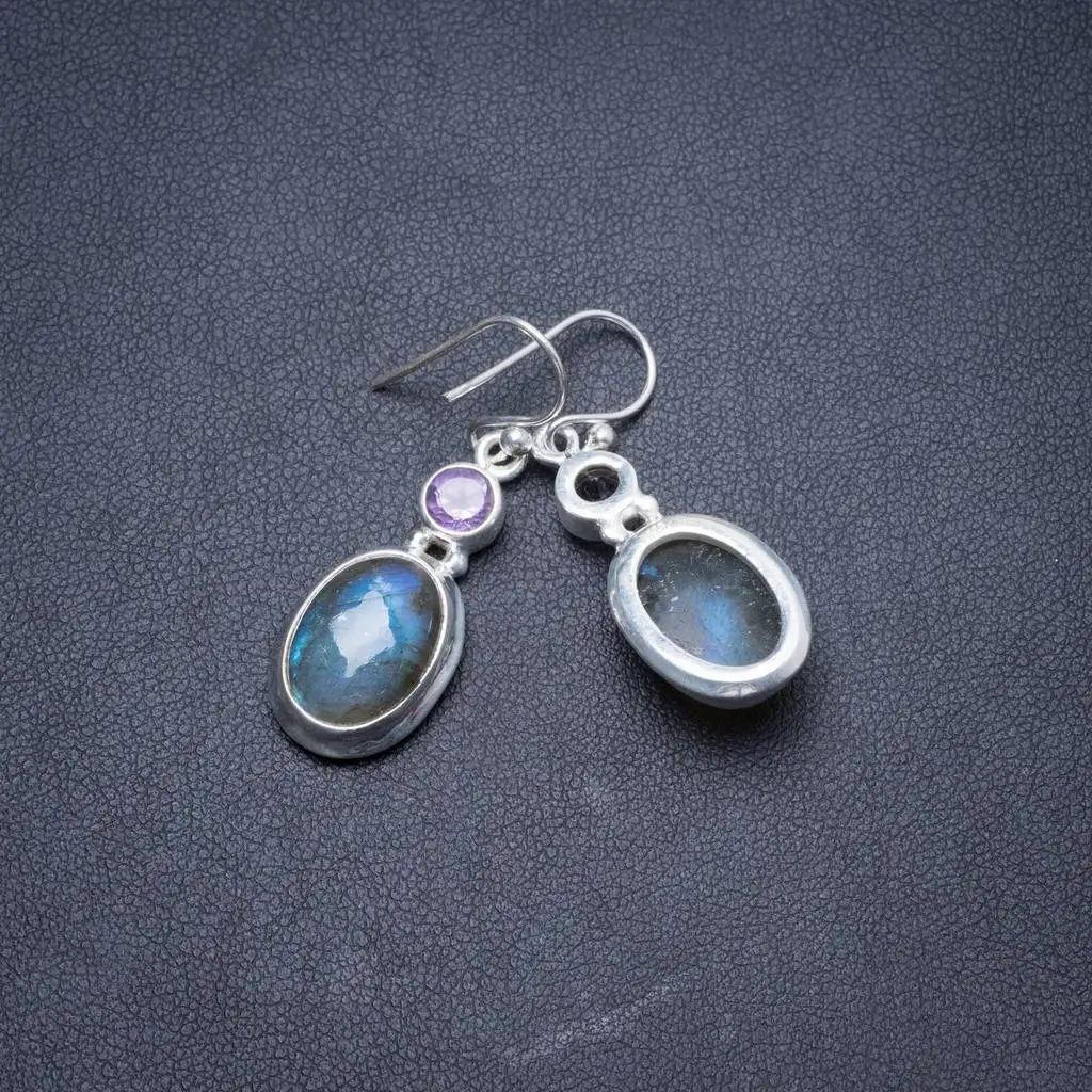 

Natural Labradorite and Amethyst Handmade Unique 925 Sterling Silver Earrings 1.5" Y2712