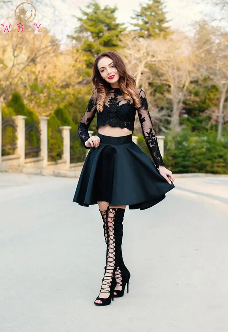 

Sexy Short Black Prom Dresses Women Appliques Lace A Line Elegant Long Sleeves Simple High Quality Formal Evening Party Gowns