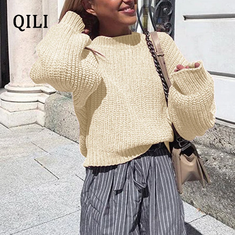 QILI Women Loose Pullovers Sweater O Neck Long Sleeve Solid Tops Knitted Sweaters Autumn Winter Womens Casual Fashion Sweater
