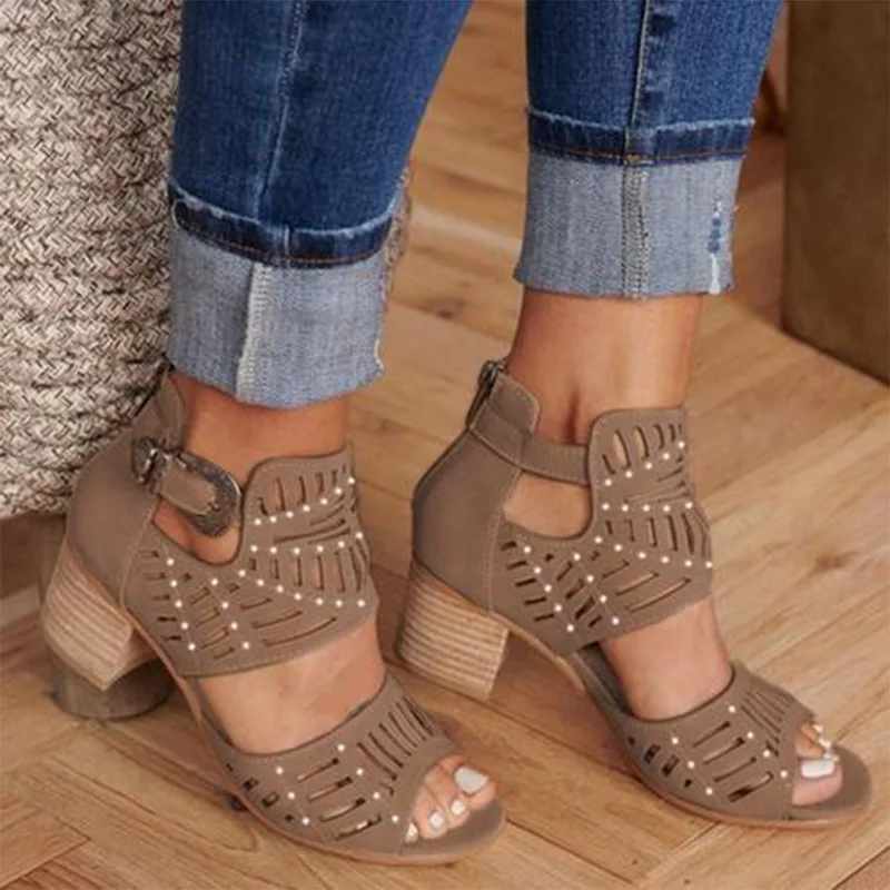 

Oeak Women Sandals Fashion Vintage Hollow Out Peep Toe Square Heel Wedges Sandals High Heels Shoes zapatos mujer Drop Shipping