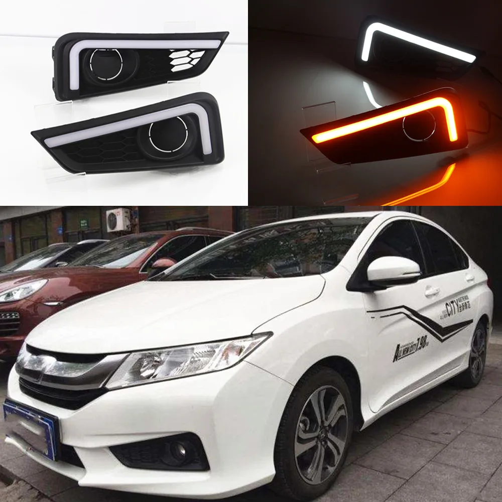 

Car Flashing 1 Set LED DRL Daytime Running Light Daylight 12V ABS Fog Lamp Cover Yellow Turn Signal For Honda City 2015 2016